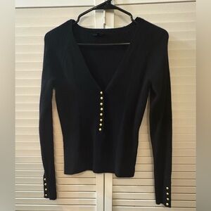 Yuka Black Ribbed Top with gold buttons